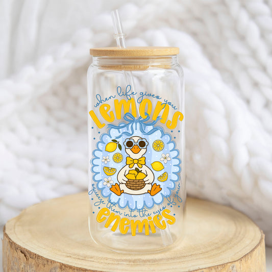 When Life Gives You Lemons design on a 16 oz glass tumbler