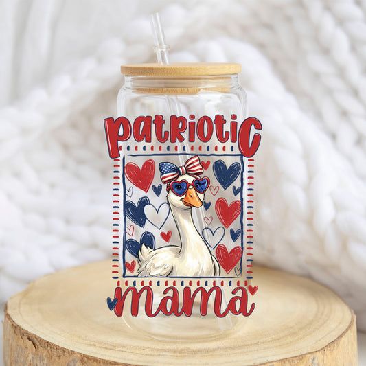 Patriotic Mama Goose design on a 16 oz glass tumbler