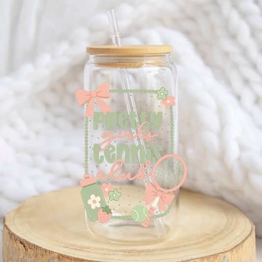 Pretty Girls Tennis Club design on a 16 oz glass tumbler