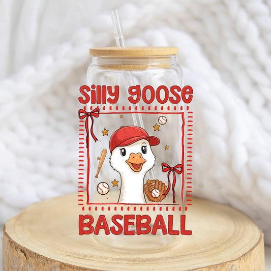 Silly Goose Baseball design on a 16 oz glass tumbler