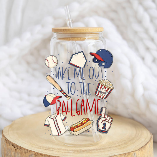 Take Me Out to the Ball Game design on a 16 oz glass tumbler