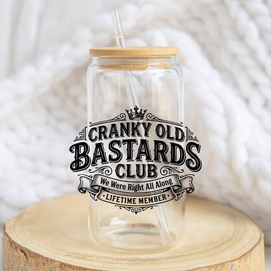 Cranky Old B*stards Club design on a 16 oz glass tumbler