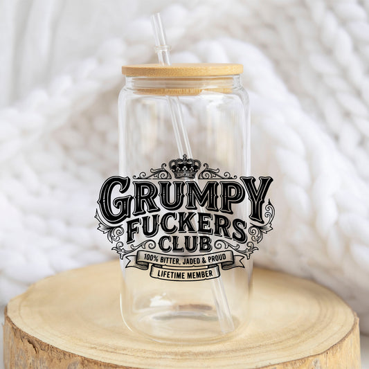 Grumpy F*ckers Club design on a 16 oz glass tumbler