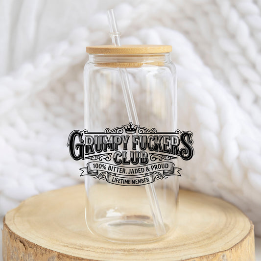 Grumpy F*ckers Club Retro design on a 16 oz glass tumbler
