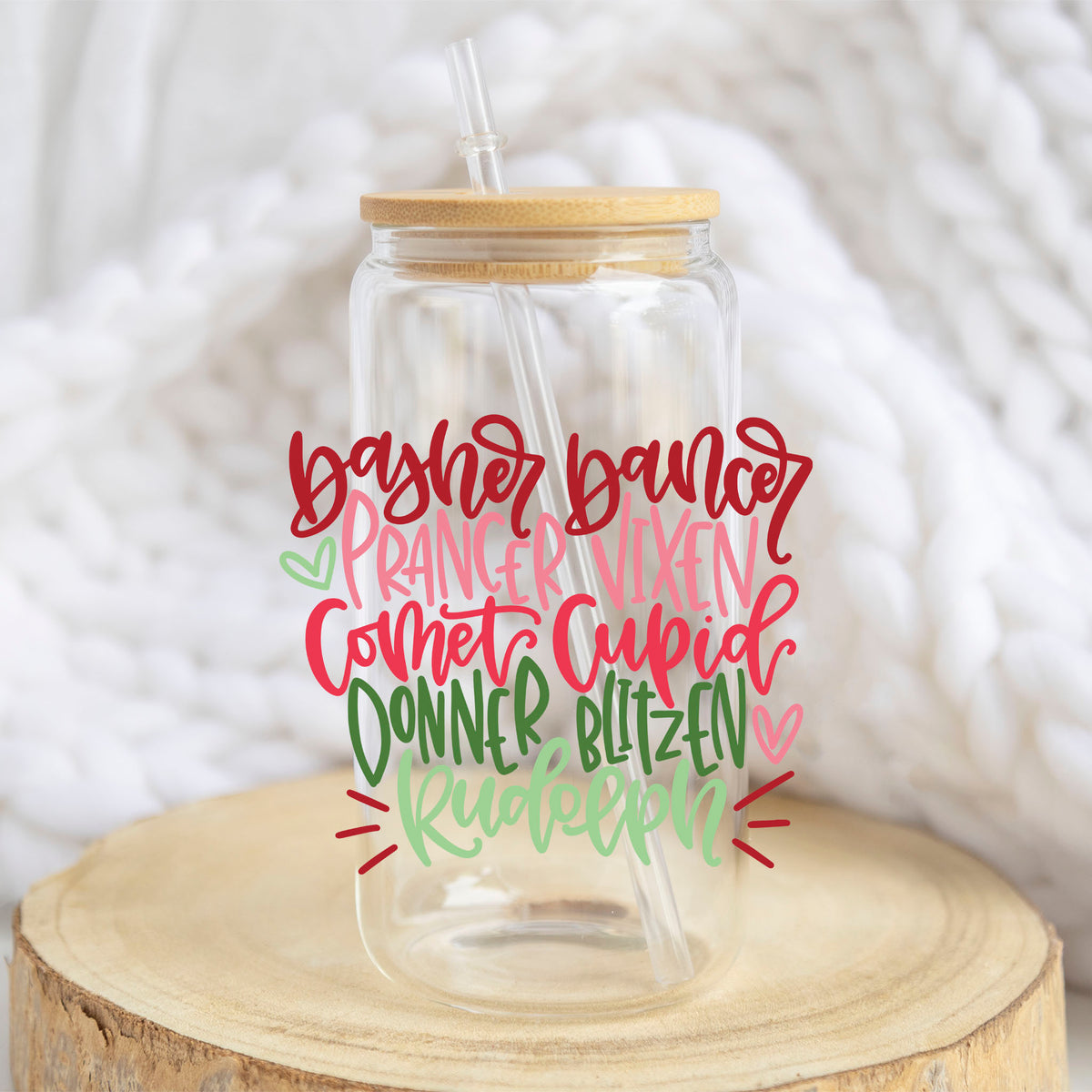 Reindeer Names design on a 16 oz glass tumbler