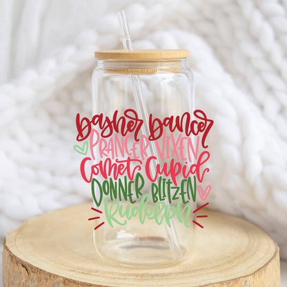Reindeer Names design on a 16 oz glass tumbler