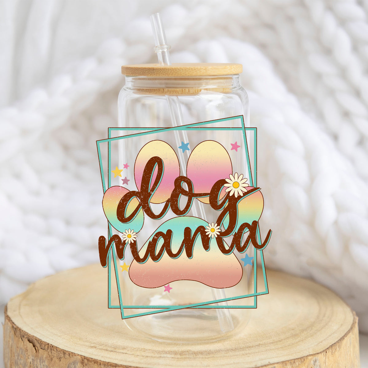 Dog Mama design on a 16 oz glass tumbler