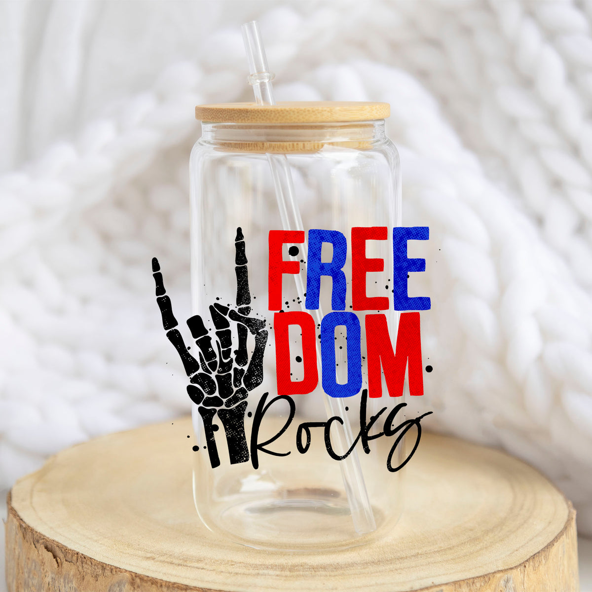 Freedom Rocks design on a 16 oz glass tumbler