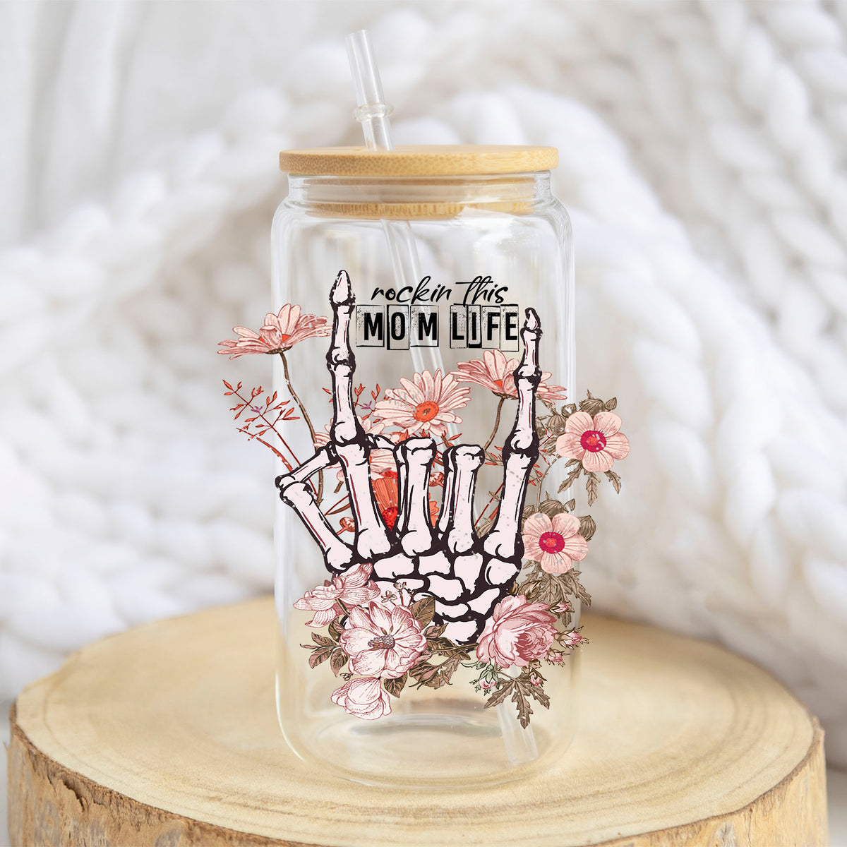 Rockin This Mom Life design on a 16 oz glass tumbler