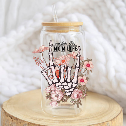 Rockin This Mom Life design on a 16 oz glass tumbler