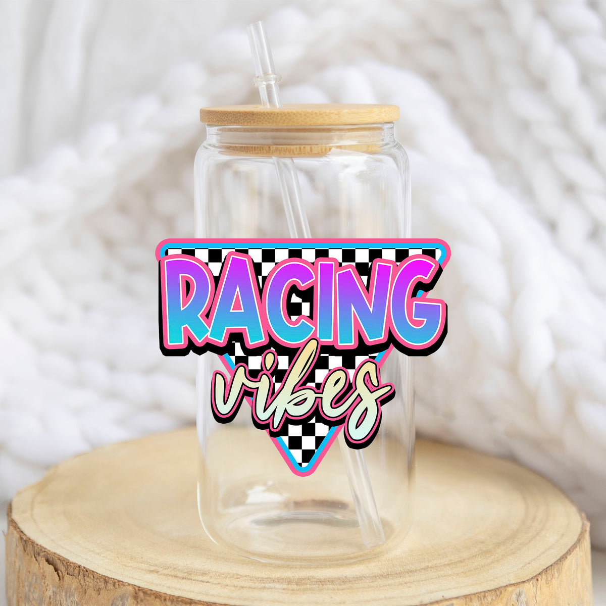 Racing Vibes design on a 16 oz glass tumbler