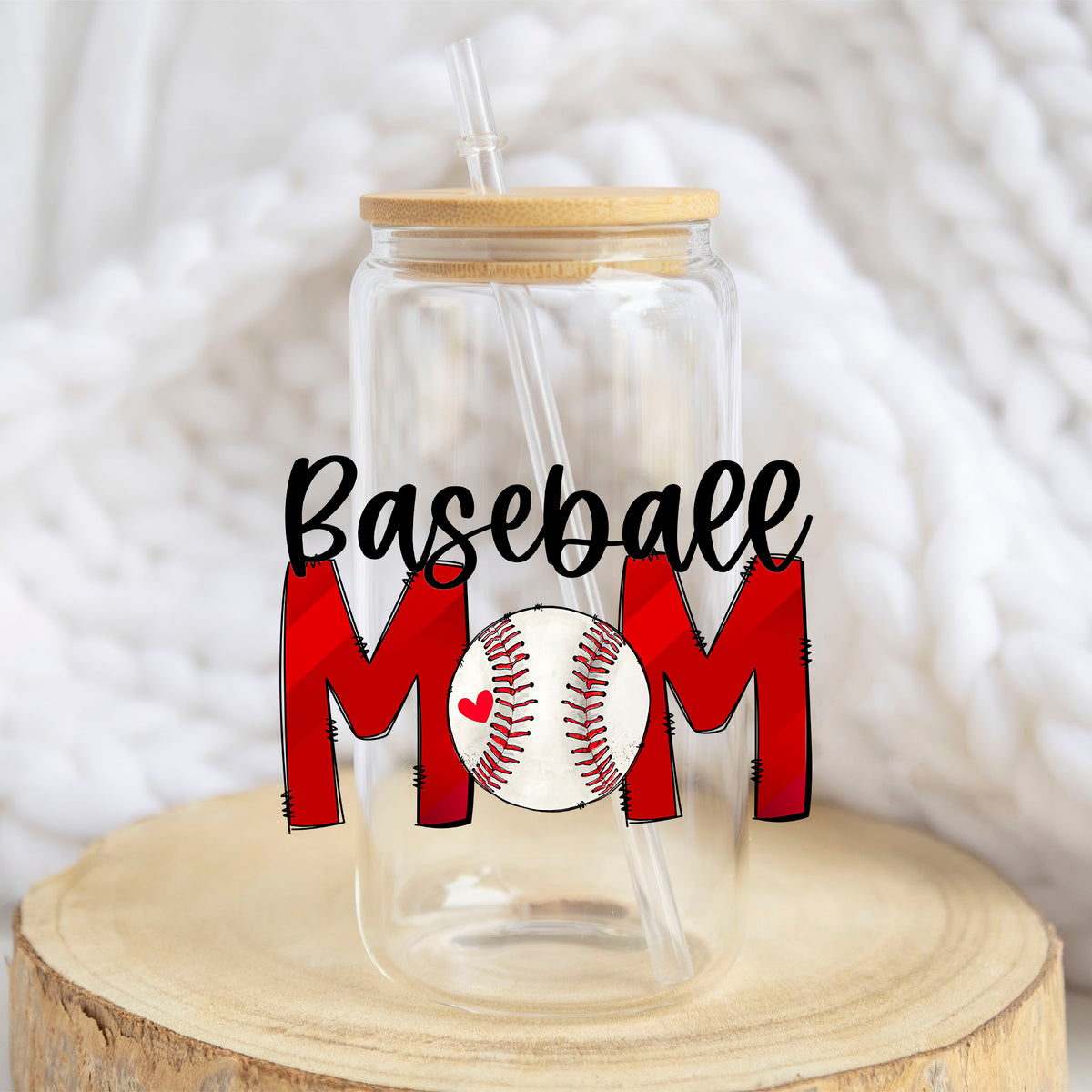 Baseball Mom design on a 16 oz glass tumbler