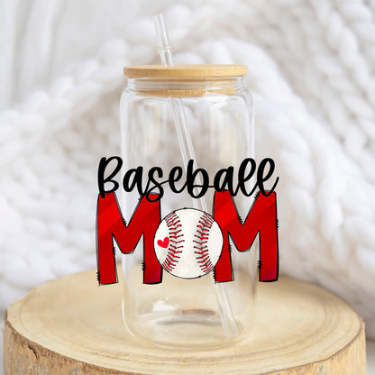 Baseball Mom design on a 16 oz glass tumbler