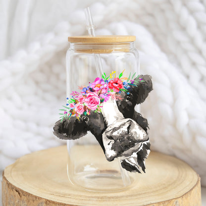Floral Cow design on a 16 oz glass tumbler