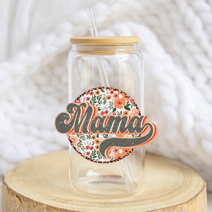 Vintage Floral Mama design on a 16 oz glass tumbler