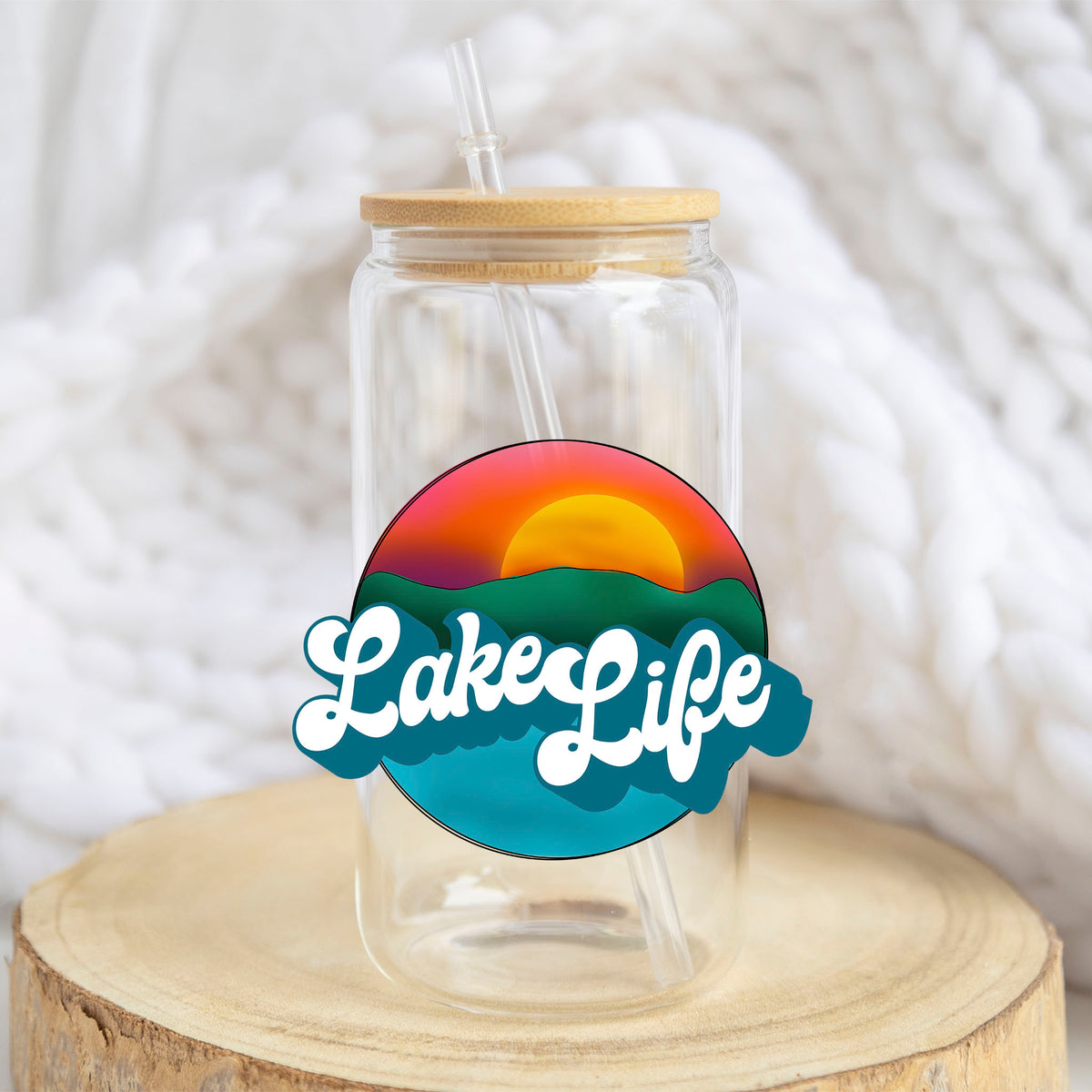 Sunset Lake Life design on a 16 oz glass tumbler