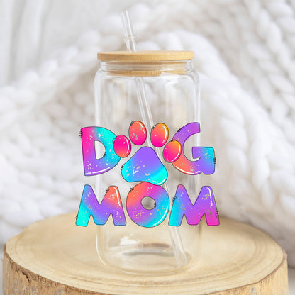 Tie Dye Dog Mom design on a 16 oz glass tumbler