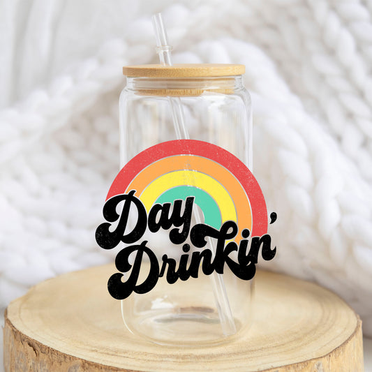 Day Drinkin Rainbow design on a 16 oz glass tumbler