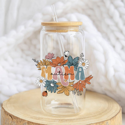 Autism Mama Floral design on a 16 oz glass tumbler