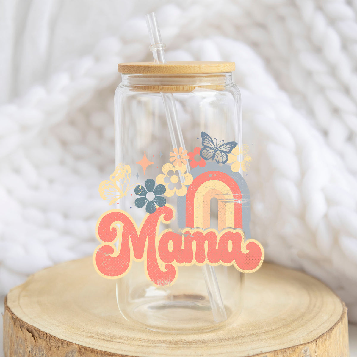 Mama Rainbow Floral design on a 16 oz glass tumbler
