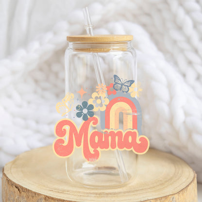 Mama Rainbow Floral design on a 16 oz glass tumbler