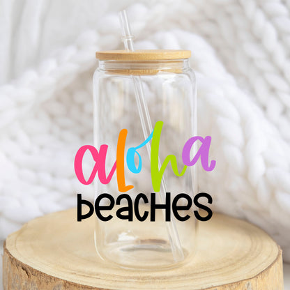 Aloha Beaches design on a 16 oz glass tumbler