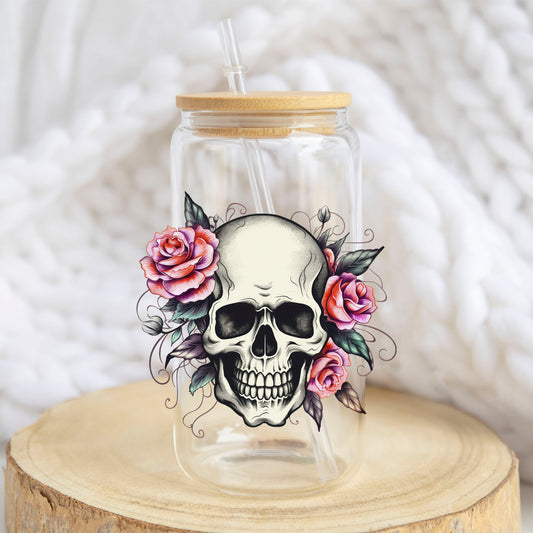 Pink Rose Floral Skull design on a 16 oz glass tumbler