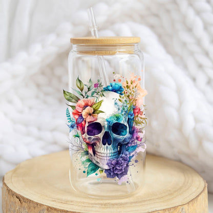 Watercolor Floral Skull design on a 16 oz glass tumbler