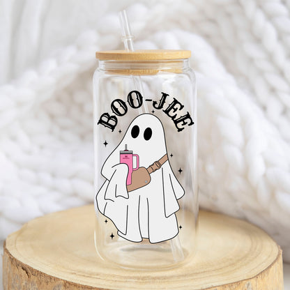Boo-Jee Ghost design on a 16 oz glass tumbler