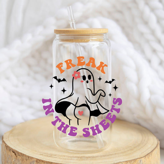 Freak in the Sheets Ghost design on a 16 oz glass tumbler