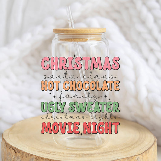Christmas Movie Night design on a 16 oz glass tumbler