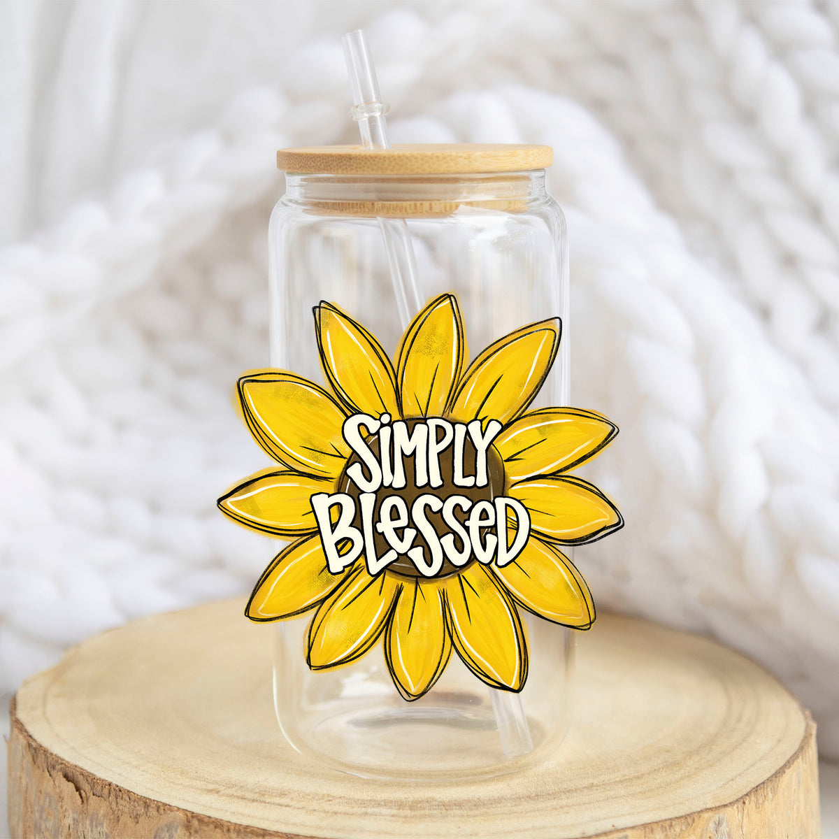 Simply Blessed Sunflower design on a 16 oz glass tumbler