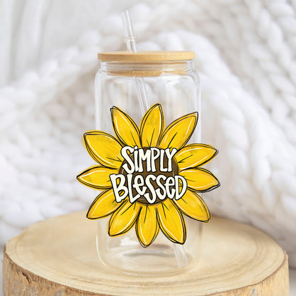 Simply Blessed Sunflower design on a 16 oz glass tumbler