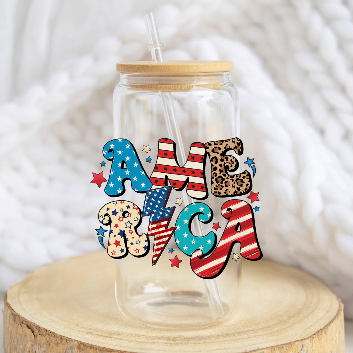 America Patchwork design on a 16 oz glass tumbler