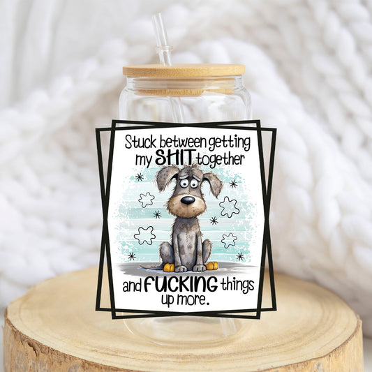 Stuck Between Getting My Sh*t Together design on a 16 oz glass tumbler