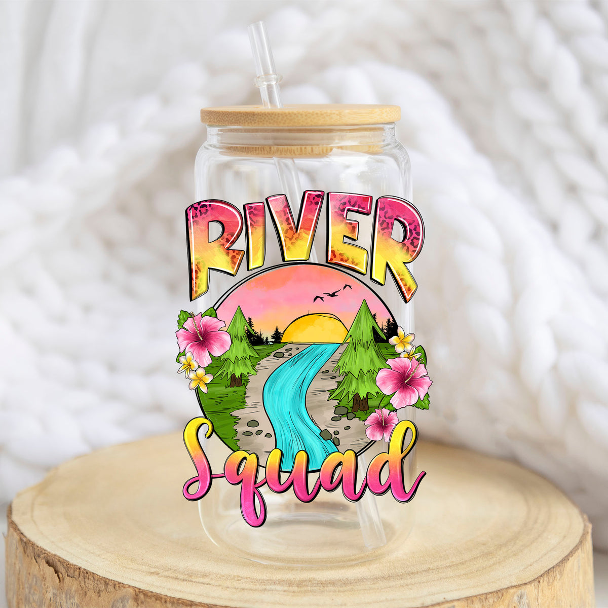 River Squad design on a 16 oz glass tumbler