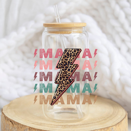 Mama Lightning Bolt design on a 16 oz glass tumbler