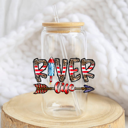 River Life Patriotic design on a 16 oz glass tumbler