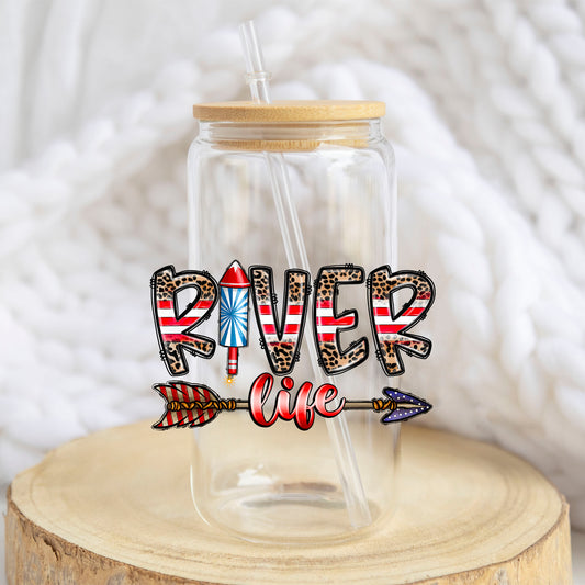 River Life Patriotic design on a 16 oz glass tumbler