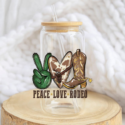 Peace Love Rodeo design on a 16 oz glass tumbler