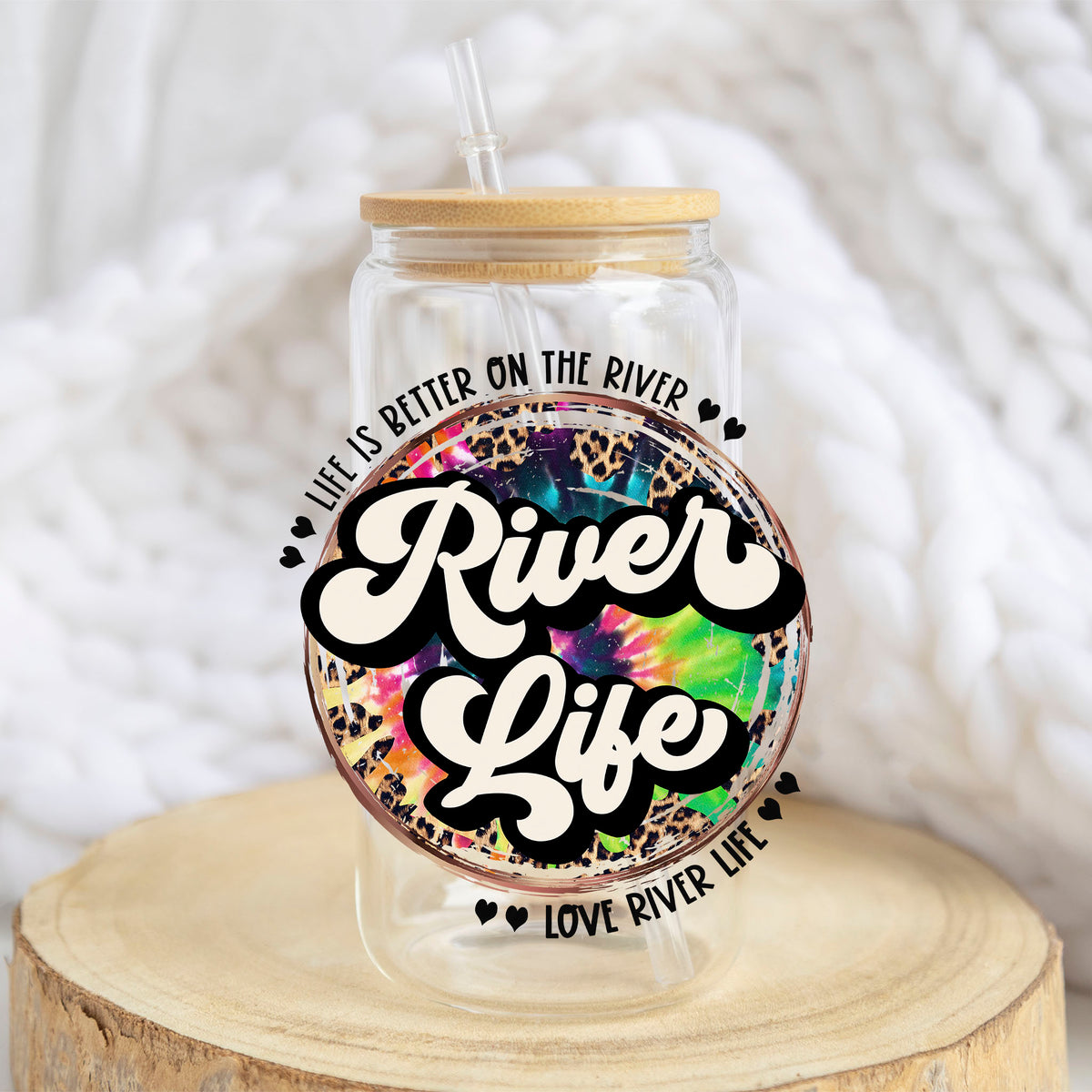 River Life design on a 16 oz glass tumbler