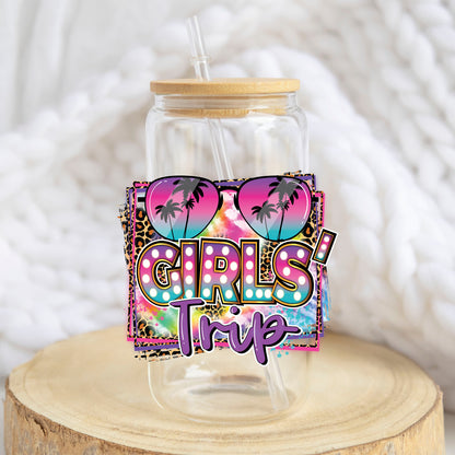 Girls Trip design on a 16 oz glass tumbler