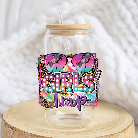 Girls Trip design on a 16 oz glass tumbler