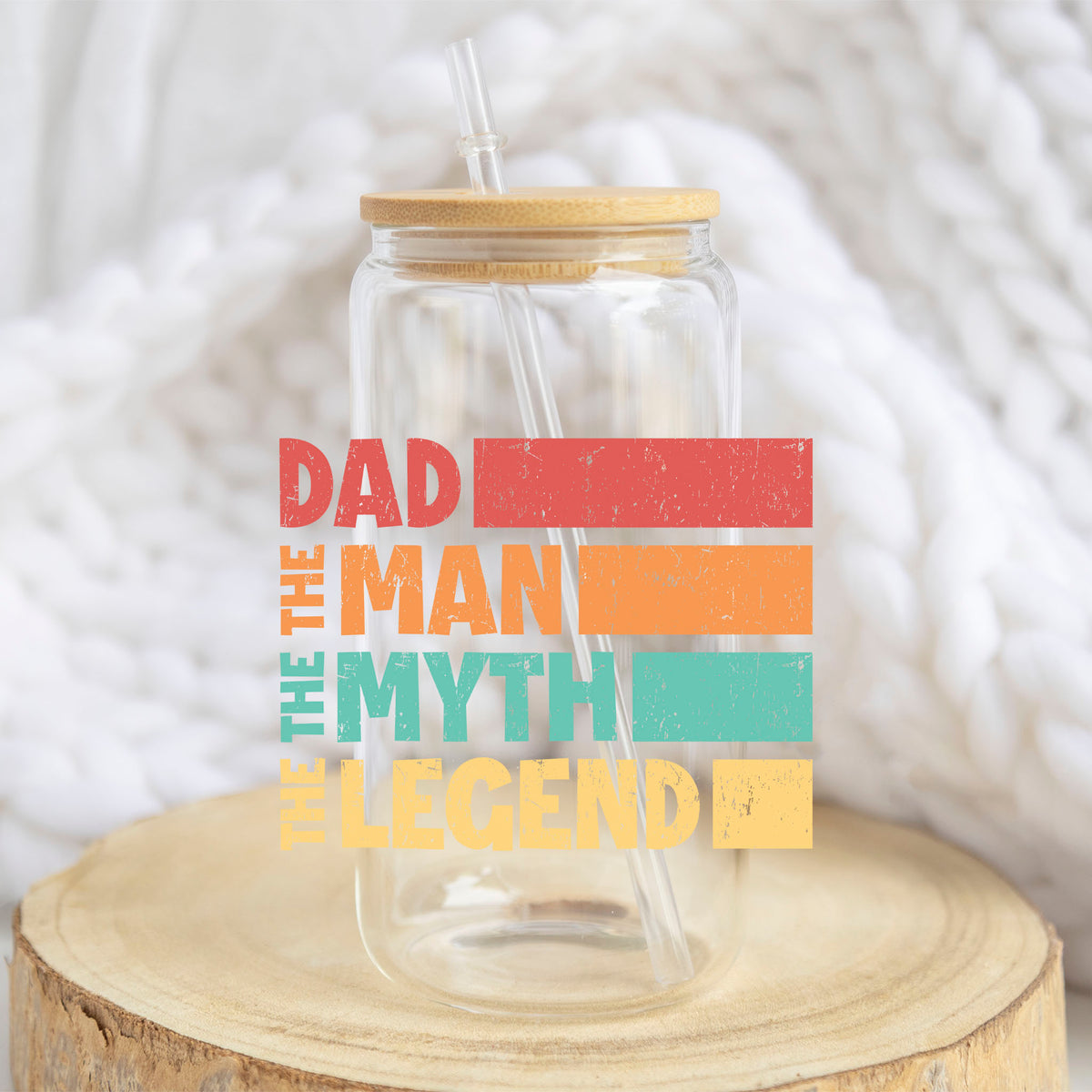 Dad The Man The Myth The Legend design on a 16 oz glass tumbler
