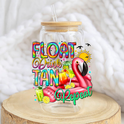 Float Drink Tan Repeat design on a 16 oz glass tumbler