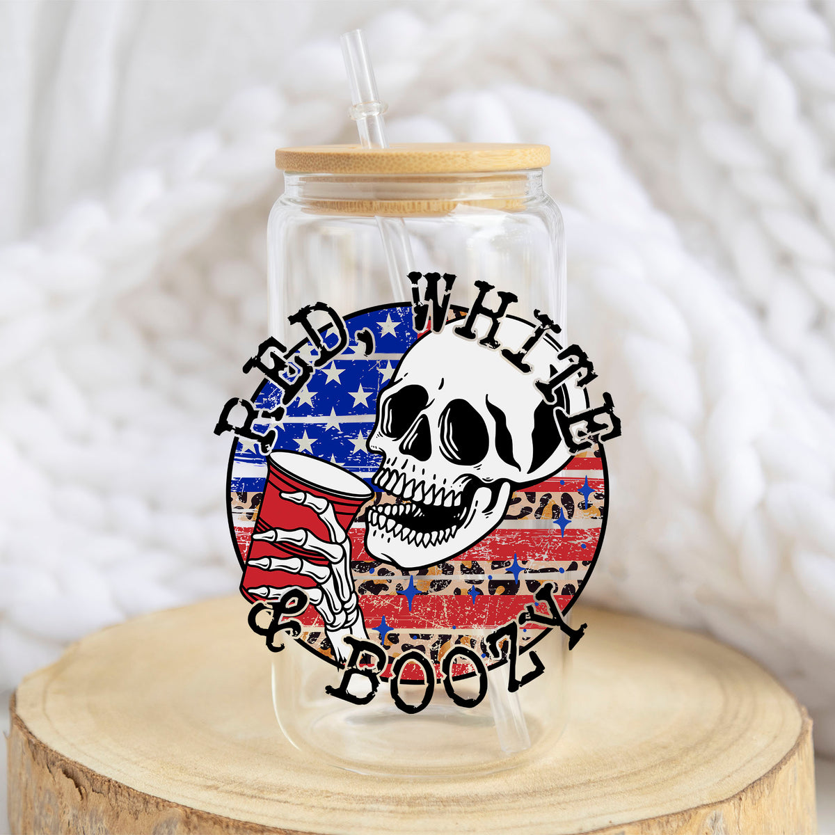 Red White and Boozy design on a 16 oz glass tumbler