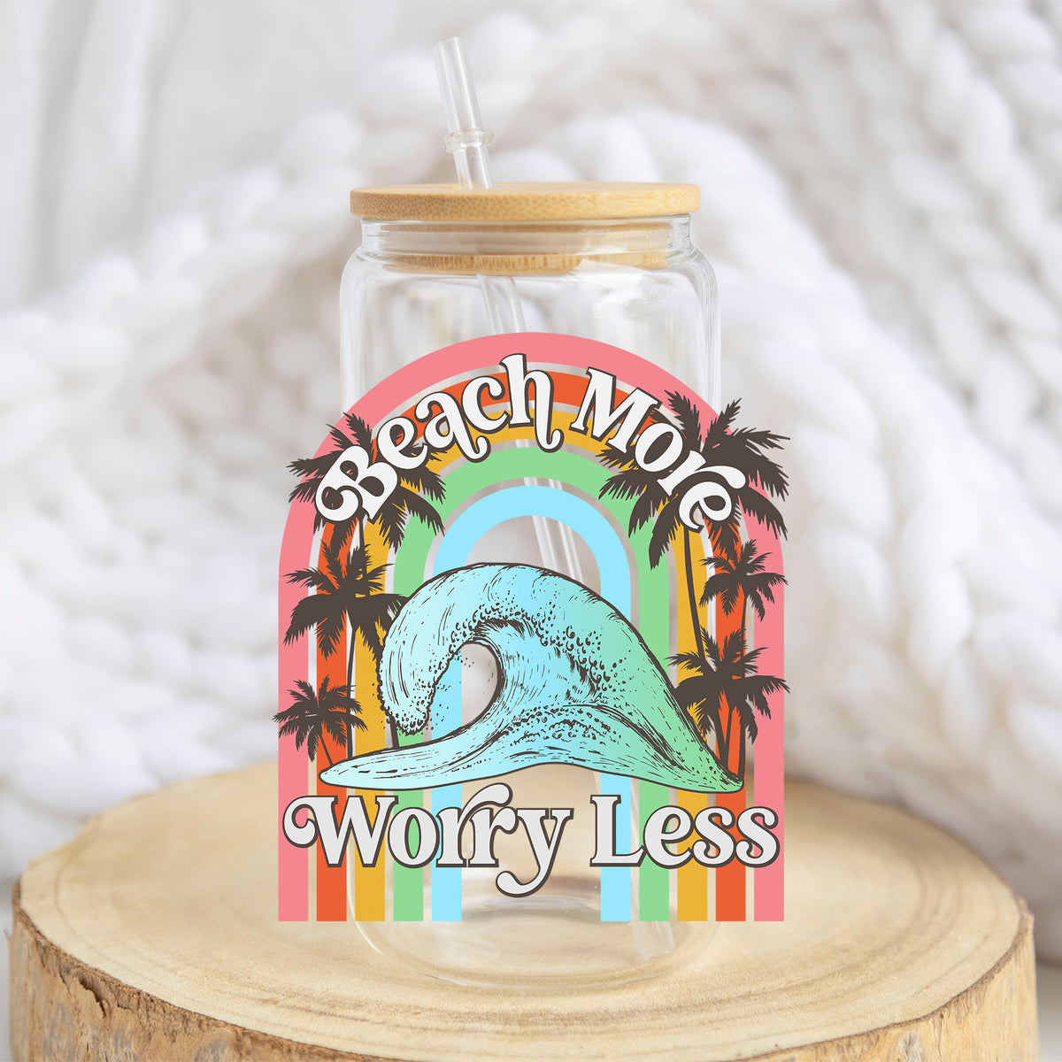 Beach More Worry Less Wave design on a 16 oz glass tumbler
