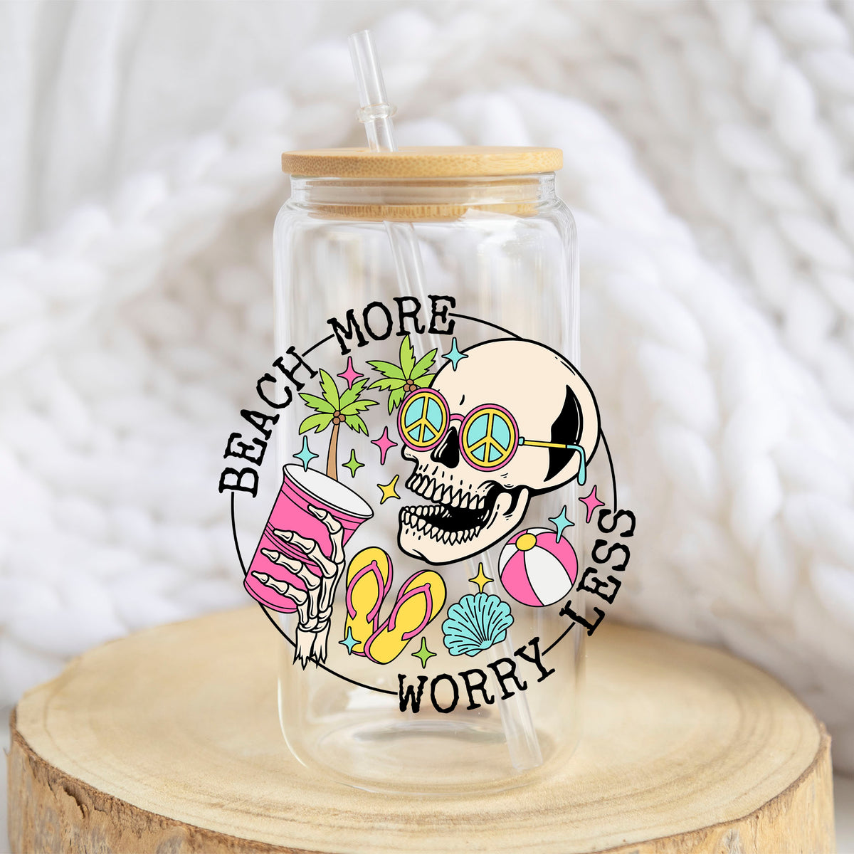 Beach More Worry Less Skull design on a 16 oz glass tumbler