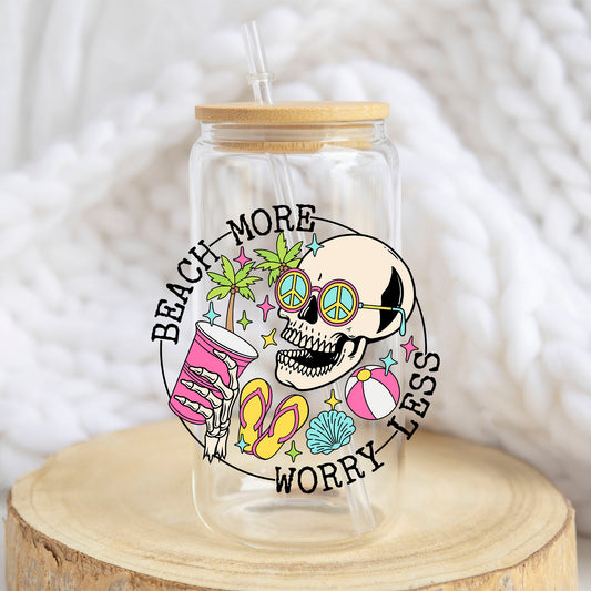 Beach More Worry Less Skull design on a 16 oz glass tumbler