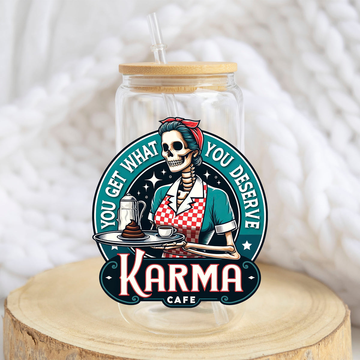 Karma Cafe design on a 16 oz glass tumbler